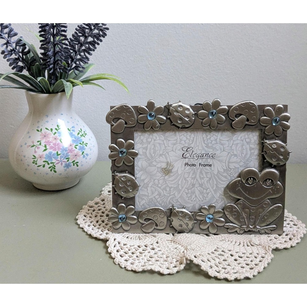 Vintage Frog Ladybug Mushroom Photo Frame Silver Tone Blue Rhinestones